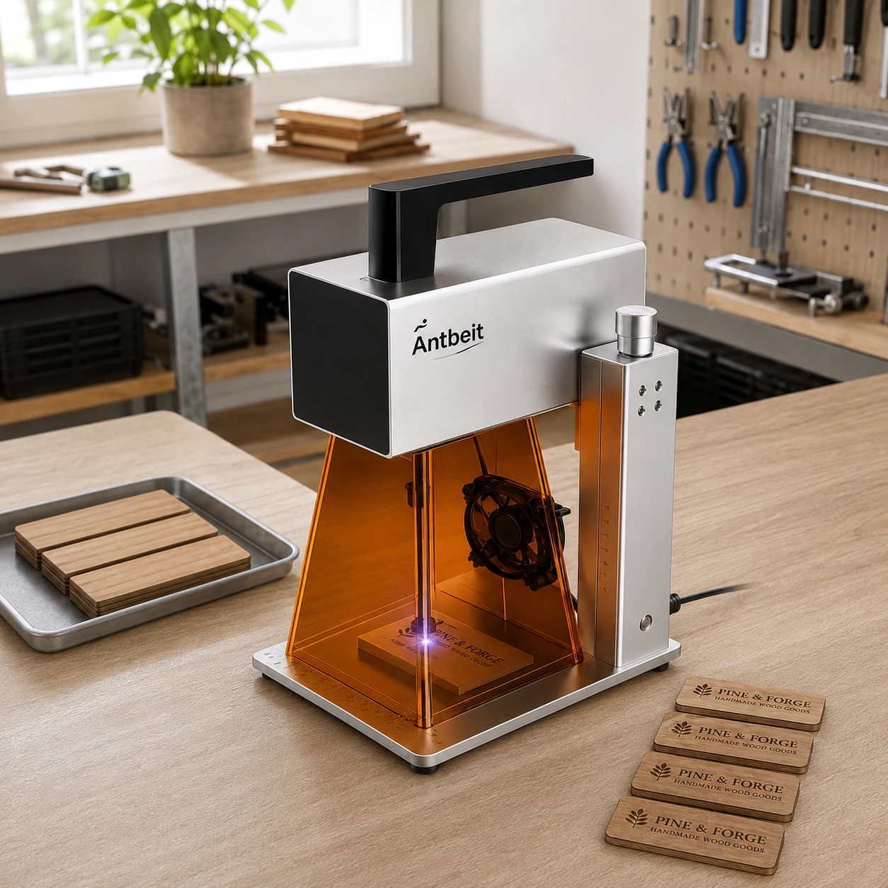 AntBelt G1 in a premium creative studio with engraved tags